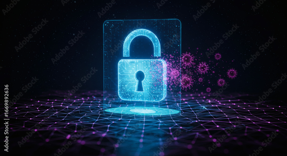 Poster futuristic cybersecurity concept showing a glowing digital padlock providing robust defense against 