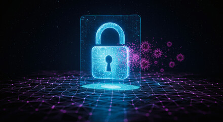 Futuristic cybersecurity concept showing a glowing digital padlock providing robust defense against invasive virus and malware threats on a network grid