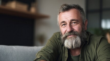 Obraz premium Confident Caucasian mature man with gray beard wearing olive green shirt relaxing at home in living room, portrait of middle-aged male with gentle smile in cozy interior setting