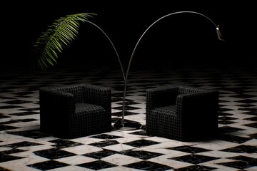 Two black upholstered armchairs sit on a checkered floor, illuminated by a minimalist light fixture. A tropical palm leaf hangs between them