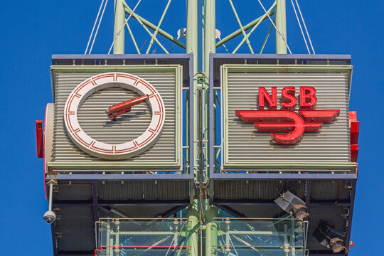 Close up Shot of Public Clock Nsb Tower Top in Oslo Norway