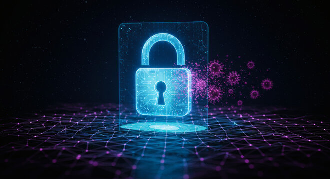 Futuristic cybersecurity concept showing a glowing digital padlock providing robust defense against invasive virus and malware threats on a network grid