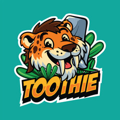 Cute Smilodon head with Toothie word in sticker Cartoon Illustration