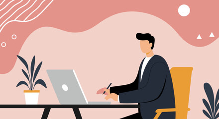 Illustrated professional working on a laptop at a modern desk, embodying focus and productivity in a contemporary office environment.