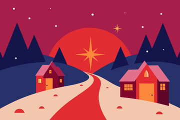 Fototapeta premium A beautiful winter village landscape with a charming decorated house and castle under a snowy night sky