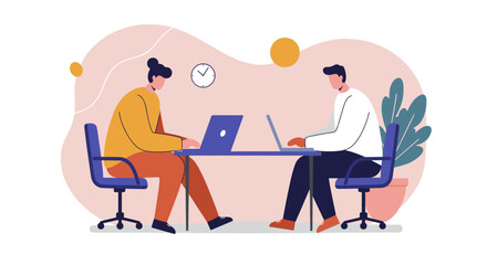 Two focused individuals working on laptops at a shared desk in a modern office, representing productivity, teamwork, and digital collaboration.