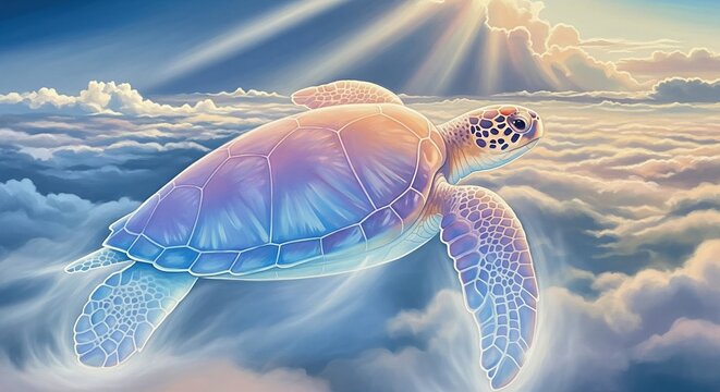 Dreamlike Sea Turtle in the Sky with Translucent Flippers and Sunlight Breaking Through Clouds