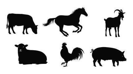 Obraz premium Farm animal silhouettes isolated on white background, including cow, horse, goat, sheep, rooster and pig, perfect for agricultural designs