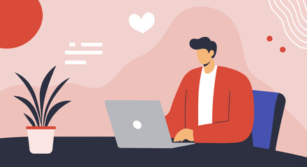 Professional man working remotely on a laptop in a modern, abstract office setting, embodying productivity, digital life, and online communication.