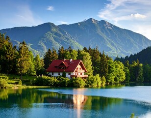 Fototapeta premium Scenic lake house nestled in mountains