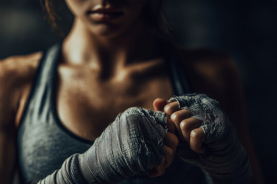 Close-up of a determined female boxer with wrapped hands ready for training or fight in a dimly lit gym