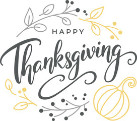 Vector art of happy thanksgiving calligraphy with pumpkin and leaves