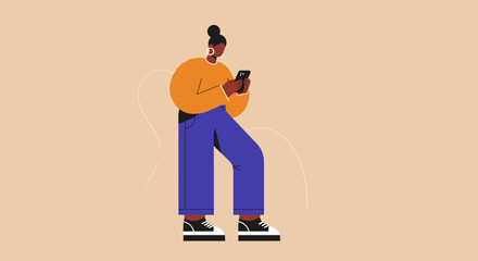 A stylish Black woman uses her smartphone for communication, social media, or online activities. Ideal for concepts of digital lifestyle, technology, remote work, or connectivity.