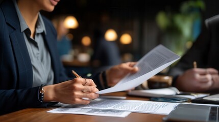 Focused professional in navy blazer reviewing documents and taking notes with elegant pen during business meeting in upscale restaurant with ambient lighting