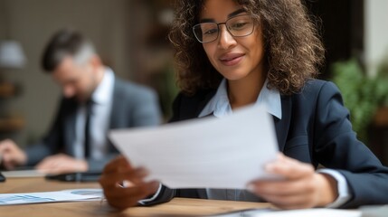 Confident mixed race female professional reviewing documents in modern office with colleague working in background, corporate business environment