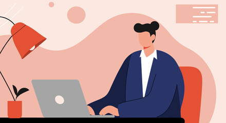 Professional working on laptop at a modern desk setup. Ideal for concepts of remote work, productivity, education, or freelance business.