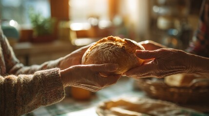 Sharing freshly baked bread in sunlit kitchen environment