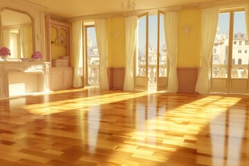 Spacious, sunlit room with polished wood floors and large windows