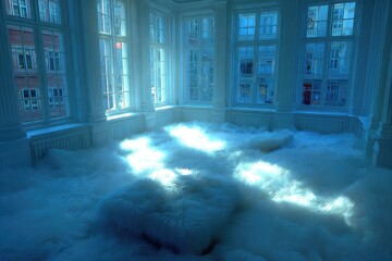 White fluffy cloud room, sunlit windows