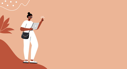 Creative woman generating new ideas with a laptop, casually working from an inspiring, modern environment. Represents innovation, digital solutions, and a flexible lifestyle.