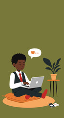 Young Black man in business casual attire works productively on his laptop in a cozy home setting, perfect for remote work or online communication.