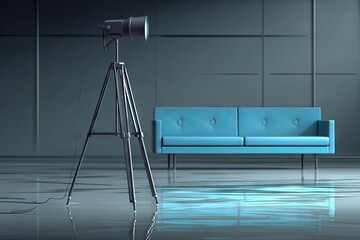 Studio interior with spotlight and teal sofa