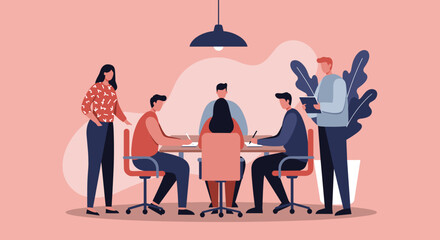 Business team collaborating in a modern office meeting, discussing ideas and planning strategy for corporate growth and success.