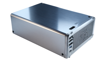 Sleek, metallic computer case, angled view.  A  light-gray, brushed-metal enclosure with a slightly textured surface.  The back shows ventilation grilles and ports.  Modern design