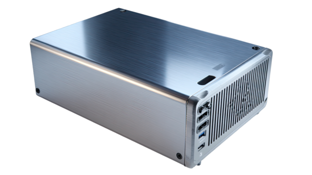 Sleek, metallic computer case, angled view.  A  light-gray, brushed-metal enclosure with a slightly textured surface.  The back shows ventilation grilles and ports.  Modern design