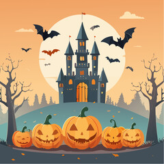 Spooky Halloween vaecot with pumpkins bats and castle