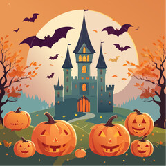 Spooky Halloween vaecot with pumpkins bats and castle