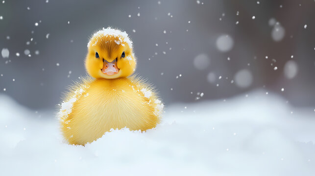 Cute yellow duckling in snow winter scene adorable baby duck photography animal portrait nature photography - Powered by Adobe