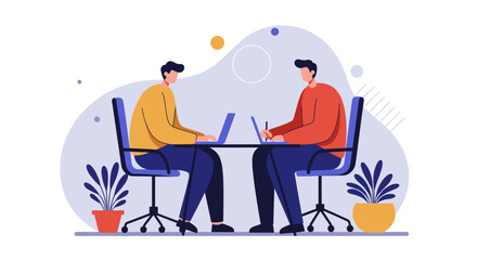 Two men working collaboratively on laptops at a desk in a modern office, representing teamwork, business, and remote work.