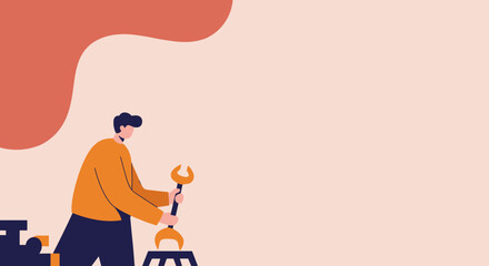 Man illustration holding a large wrench, symbolizing repair, problem-solving, and professional technical support. Ideal for service, maintenance, or engineering concepts.