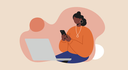 Young woman efficiently multitasking with a smartphone and laptop, perfect for themes of remote work, digital communication, online learning, and modern lifestyle.