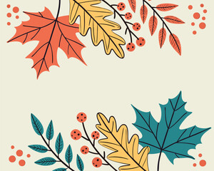 Fototapeta premium Vector art of decorative border with colorful autumn maple leaves and berries