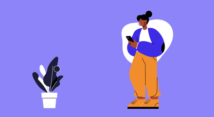 Stylish woman uses smartphone for social media or business communication, depicting modern digital lifestyle and connectivity with a minimalist plant accent.