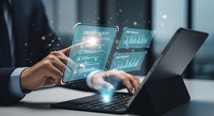 Vision of Tomorrow: HR Professional Interacting with Advanced Holographic Data Panels