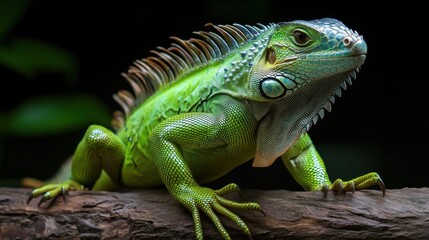 Fototapeta premium Vibrant green iguana on branch in lush tropical habitat