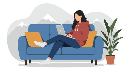 Comfortable young woman working or studying remotely on her laptop from a cozy sofa at home. Ideal for themes of productivity, online learning, and modern lifestyle.
