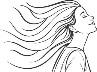 Vector art of woman with flowing hair in profile, eyes closed, enjoying the wind
