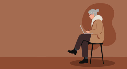 An active senior woman with glasses works diligently on her laptop, holding a pen. This illustration represents elderly engagement with technology, remote work, or lifelong learning.