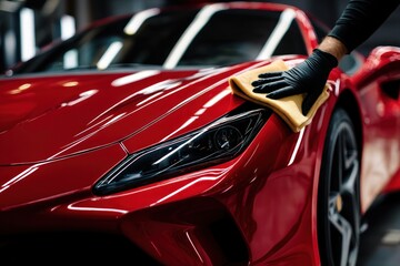 Polishing a red sports car in a workshop