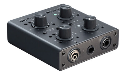 Compact, gray audio interface with multiple knobs and input/output ports