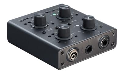 Compact, gray audio interface with multiple knobs and input/output ports