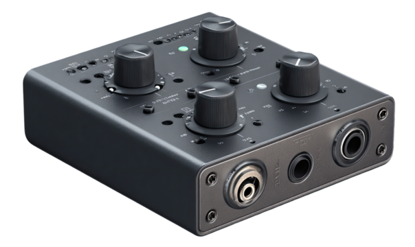Compact, gray audio interface with multiple knobs and input/output ports