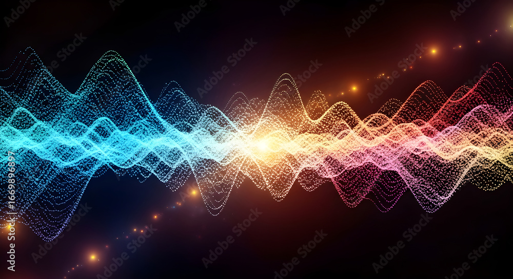 Poster abstract colorful sound wave visualization with glowing particles, representing audio frequency, mus