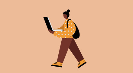 Person walking and working on a laptop, symbolizing remote productivity, online education, or modern mobile lifestyle. Flat design illustration.