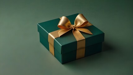 A dark green gift box with clean, sharp edges and a matte finish, giving it a minimalistic yet elegant appearance. The overall scene feels calm, modern, and sophisticated, with a touch of celebration.