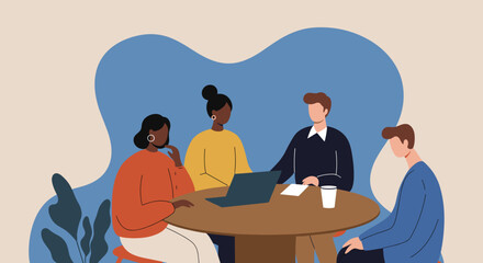 Diverse business team collaborating around a table with a laptop, discussing ideas in a modern office setting. Represents teamwork, strategy, and innovation.